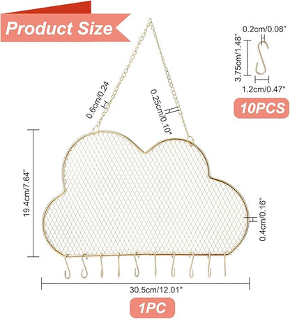 PH PandaHall Wall Jewelry Organizer, Stud Earring Holder Hanging Necklace Bracelet Display Stand with 10 Hooks Decorative Cloud Organizer for Necklaces Bracelets Small Grid for Stud Earring