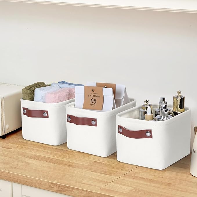 Small Fabric Storage Bins, 7.8x6.7x5.9 inch Mini Storage Cubes 4-Pack Storage Basket for Makeup Collapsible Fabric Storage Organizer with Handles, Decorative Basket for Desk, Shelves, White