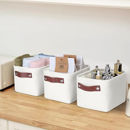 Small Fabric Storage Bins, 7.8x6.7x5.9 inch Mini Storage Cubes 4-Pack Storage Basket for Makeup Collapsible Fabric Storage Organizer with Handles, Decorative Basket for Desk, Shelves, White