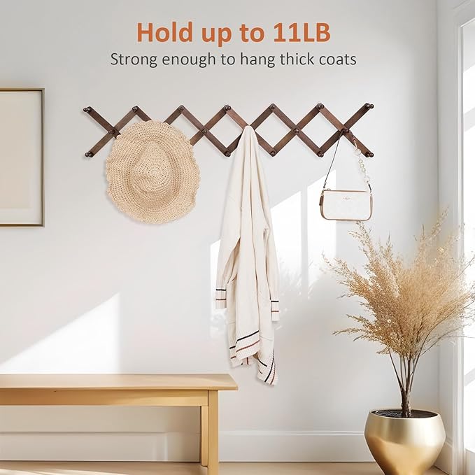 Accordion Wall Hanger, Hat Rack for Wall with 20 Coat Hooks, Expandable Hat Hangers Organizer, Vintage Decorative Coat Rack Wall Mount for Purse, Mug (Brown)