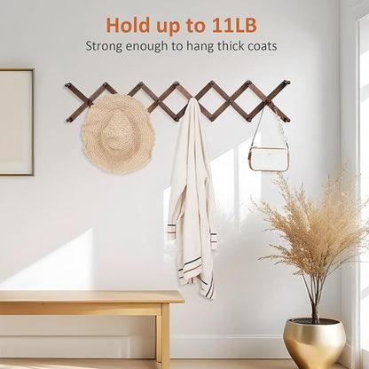 Accordion Wall Hanger, Hat Rack for Wall with 20 Coat Hooks, Expandable Hat Hangers Organizer, Vintage Decorative Coat Rack Wall Mount for Purse, Mug (Brown)
