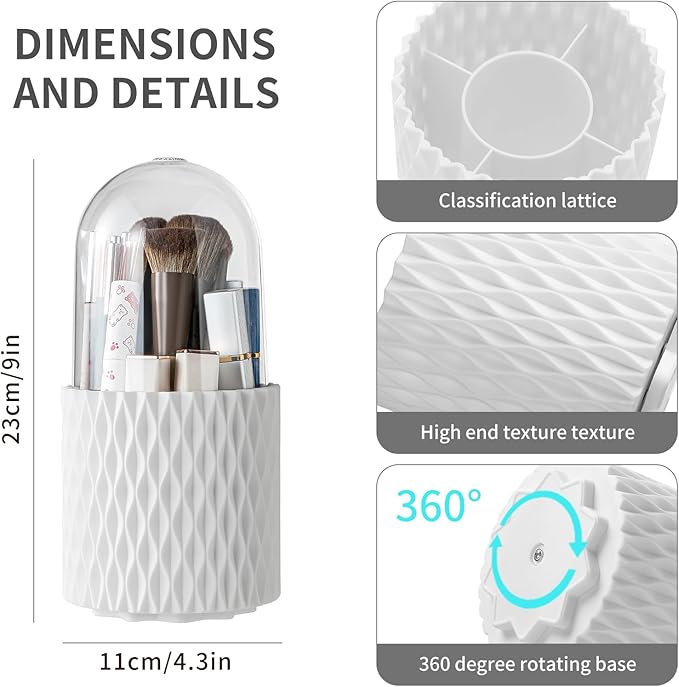 Makeup Brush Holder with Lid, 360° Rotating Dustproof 5-Slot Cosmetic Organizer for Vanity Countertop, Spinning Brush Caddy with Cover for Lipstick, Hair Brush & Art Supply, White