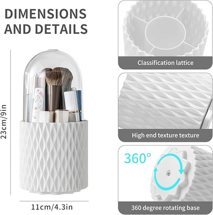 Makeup Brush Holder with Lid, 360° Rotating Dustproof 5-Slot Cosmetic Organizer for Vanity Countertop, Spinning Brush Caddy with Cover for Lipstick, Hair Brush & Art Supply, White