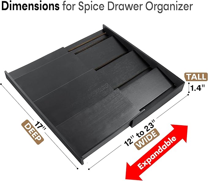 Bamboo Spice Drawer Organizer, (Need 3.1” Deep Drawer) Expandable 4 Tier Spice Rack for Cabinet (From 12" to 23" Wide), Seasoning Storage Insert, Spice Organizer for Drawer,Jars Not Included