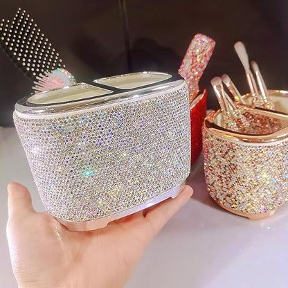 Luxury Bling Rhinestone-Embellished Makeup Organizer Box Storage – Large Capacity Cosmetic Brush Lipstick Eyebrow Pencil Storage Box and Desktop Organizer Rack (Silver)