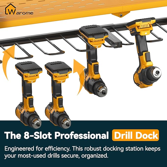 Warome Tool Organizer with Charging Station, Power Tool Rack Wall Mount with 8-Outlet Power Strip, Tool Storage for Garage with 8 Cordless Drill Holders, Battery Utility Shelf in Yellow