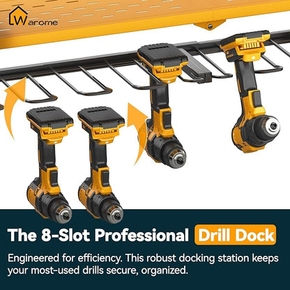 Warome Tool Organizer with Charging Station, Power Tool Rack Wall Mount with 8-Outlet Power Strip, Tool Storage for Garage with 8 Cordless Drill Holders, Battery Utility Shelf in Yellow