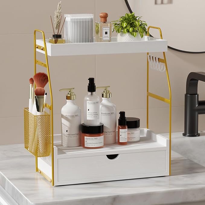 2 Tier Bathroom Counter Organizer with Drawer & Basket, Wooden Vanity Tray Countertop Shelf Accessories for Makeup Storage, Coffee Bar Station, Perfume Skincare, Kitchen, Bedroom (White)