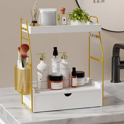 2 Tier Bathroom Counter Organizer with Drawer & Basket, Wooden Vanity Tray Countertop Shelf Accessories for Makeup Storage, Coffee Bar Station, Perfume Skincare, Kitchen, Bedroom (White)