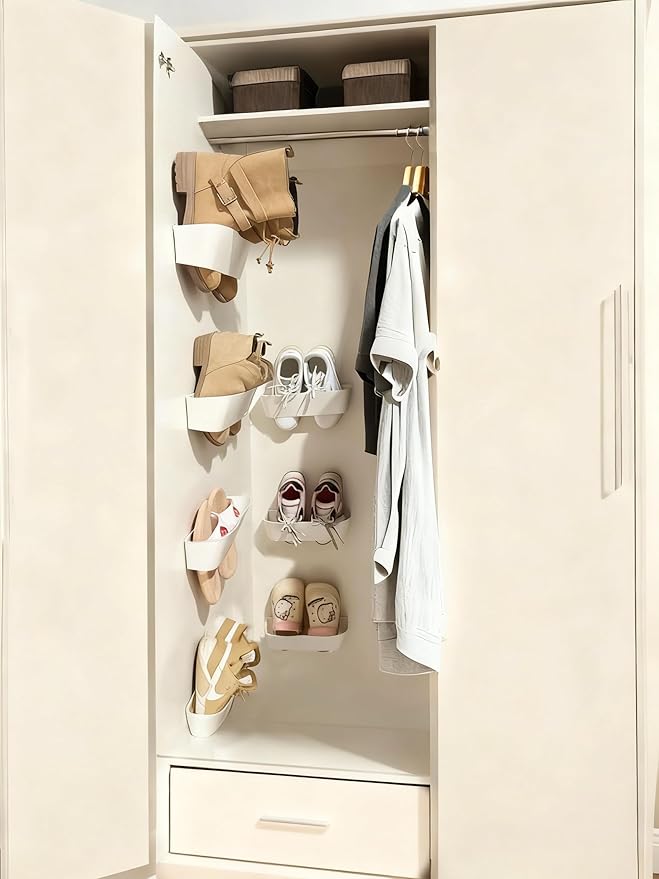 Wall Mounted Shoe Rack, Adhesive & Drill Mount Hanging Shoe Organizer, Plastic Shoe Storage for RV, Camper, Closet & Door, Patent Protected, PATENT PROTECTED, White-8Pack