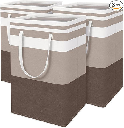 BlissTotes 3-Pack Laundry Basket, Freestanding＆Waterproof Laundry Hamper, Collapsible Tall Clothes Hamper with Easy Carry Handles for Clothes, Towels in the Family and Dorm,Gradient Khaki,75L