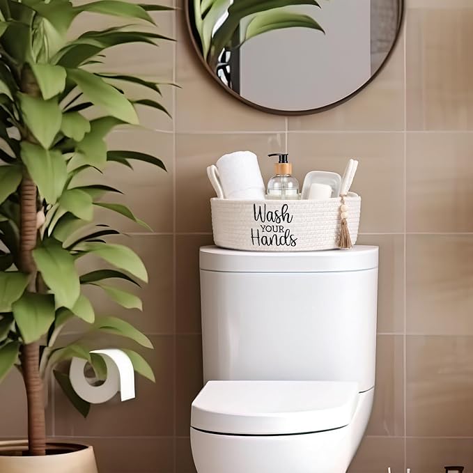 Wash Your Hands Bathroom Decoration Beige Cotton Rope Toilet Basket Toilet Paper Holder Basket Rustic Bathroom Organizer Farmhouse Home Decoration Organizing Small Baskets