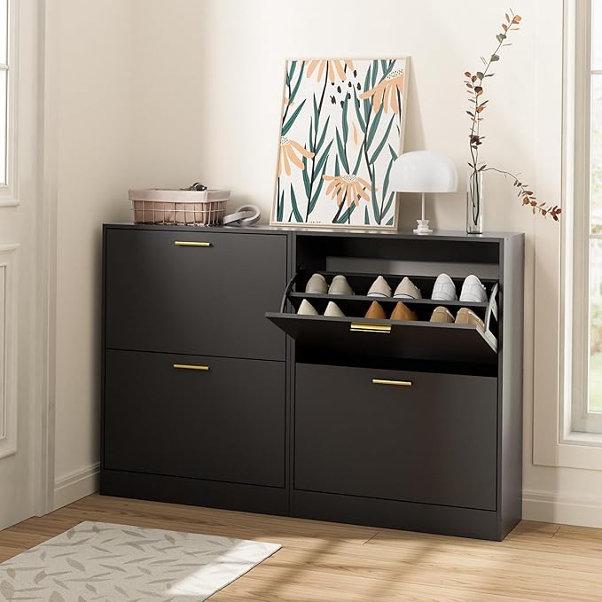 LYNSOM Shoe Cabinet, Free Standing Tipping Bucket Shoe Rack Organizer with 2 Flip Drawers, Modern Entryway Shoe Storage with Top Display, Narrow Slim Hidden Shoe Cabinet (Black)
