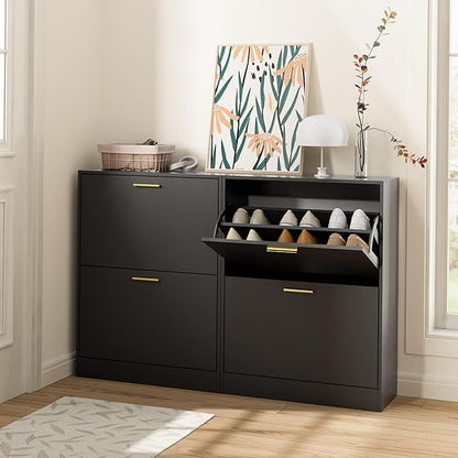 LYNSOM Shoe Cabinet Set of 2, Free Standing Tipping Bucket Shoe Rack Organizer with 2 Flip Drawers, Modern Entryway Shoe Storage with Top Display, Narrow Slim Hidden Shoe Cabinet (Black)