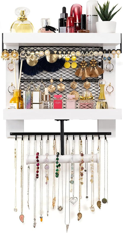 Pinzoveco Hanging Jewelry Organizer Wall Mounted With Wall Jewelry Organizer Holder For Necklaces Bracelet Earrings Ring (White)