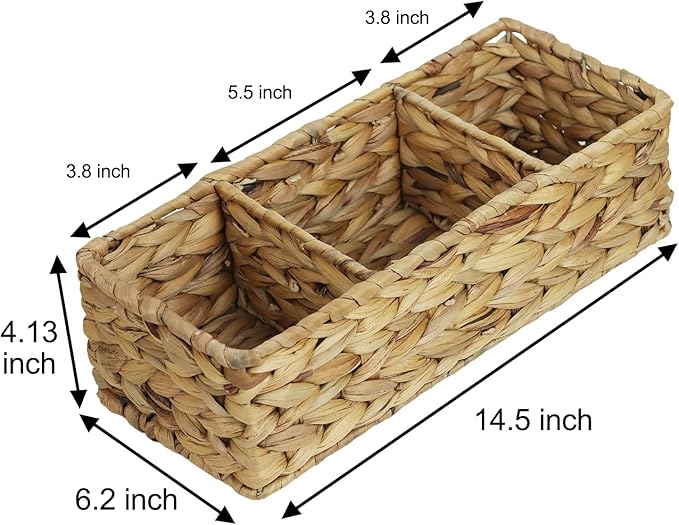 Water Hyacinth Basket for Toilet Paper, Wicker Baskets for Storage Bathroom Counter, Storage Basket With 3 Compartments, Restroom Bathroom Baskets Tray Vanity Organizer (Water Hyacinth)
