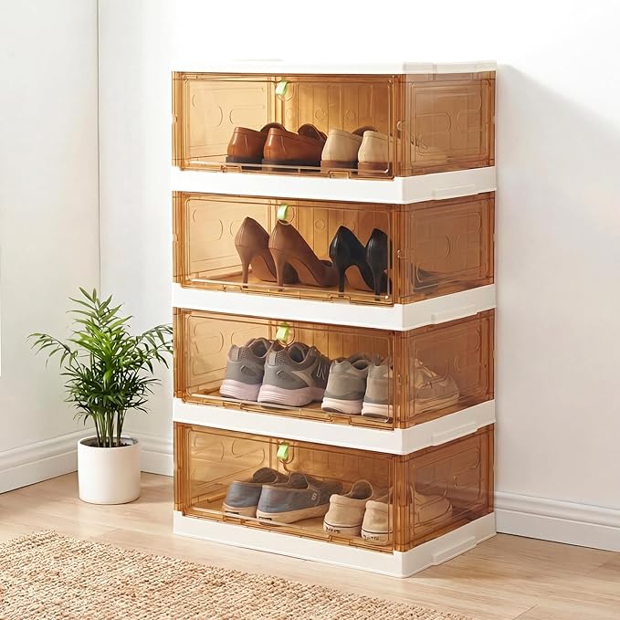 Shoe Rack Organizer for Entryway/Closet,Stackable Magnetic-Door Shoe Boxes,Foldable Space-Saving Sneaker&Boot Containers,Thichen&Sturdy Plastic Cabinet 4 Tiers 8 Pairs,Taupe