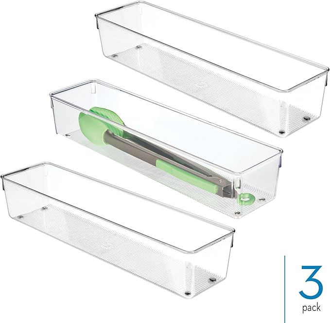 iDesign Plastic Drawer Organizer Bins - Storage for Kitchen, Bathroom, and Desk Drawers - Set of 3 - Clear