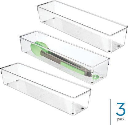 iDesign Plastic Drawer Organizer Bins - Storage for Kitchen, Bathroom, and Desk Drawers - Set of 3 - Clear