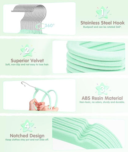 VIS'V Baby Hangers, 11 Inch Velvet Kids Hangers with 6 Pcs Clothes Size Dividers, Infant Toddler Nursery Closet Organization, Non Slip, Mint Green, 50 Pcs