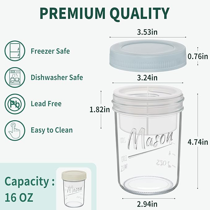 Xyptorix 16 oz Overnight Oats Containers with Lids, 2-Pack Leak-Proof Wide Mouth Mason Jars & Separate Compartments for Fruits/Nuts, Airtight Glass Jars for Chia Pudding, Yogurt, Parfait and Salad