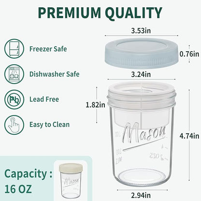 Xyptorix 16 oz Overnight Oats Containers with Lids, 2-Pack Leak-Proof Wide Mouth Mason Jars & Separate Compartments for Fruits/Nuts, Airtight Glass Jars for Chia Pudding, Yogurt, Parfait and Salad