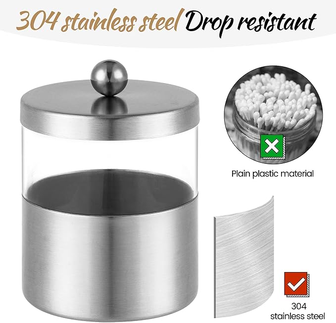 Gaussra Apothecary Jars, Qtip Holder - Brushed Stainless Steel Bathroom Jar with Stickers - Farmhouse Decor Qtip Dispenser for Qtips, Cotton Balls, Swabs, Makeup Sponges (2 Pack, Brushed Nickel)