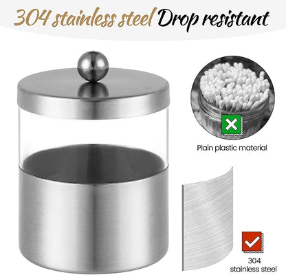 Gaussra Apothecary Jars, Qtip Holder - Brushed Stainless Steel Bathroom Jar with Stickers - Farmhouse Decor Qtip Dispenser for Qtips, Cotton Balls, Swabs, Makeup Sponges (2 Pack, Brushed Nickel)