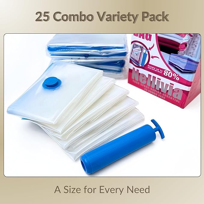 25 Pack Vacuum Storage Bags with Pump, Compression Space Saver for Comforter, Bedding, Blanket Storage, Vacuum Seal Bags for Clothing, Travel Luggage Suitcase and Closet Organizer