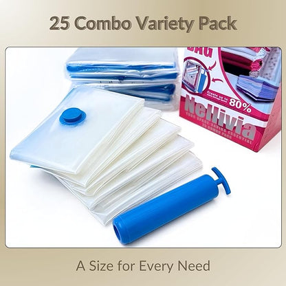 25 Pack Vacuum Storage Bags with Pump, Compression Space Saver for Comforter, Bedding, Blanket Storage, Vacuum Seal Bags for Clothing, Travel Luggage Suitcase and Closet Organizer