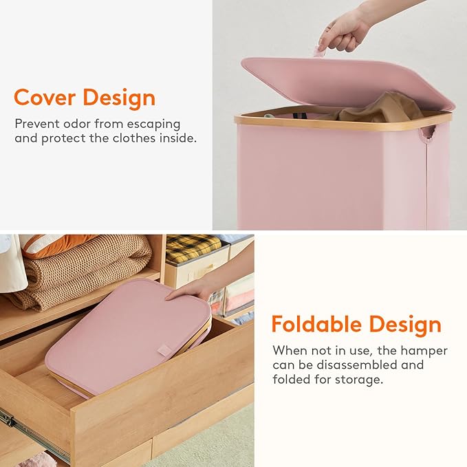 Lifewit 100L Laundry Basket with Lid, Clothes Hampers for Laundry with Bamboo Handles and 1 Removable Bag, Large Foldable Laundry Hamper for Bedroom, Bathroom, Dorm, Laundry Room, Pink