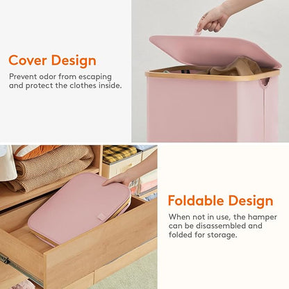 Lifewit 100L Laundry Basket with Lid, Clothes Hampers for Laundry with Bamboo Handles and 1 Removable Bag, Large Foldable Laundry Hamper for Bedroom, Bathroom, Dorm, Laundry Room, Pink