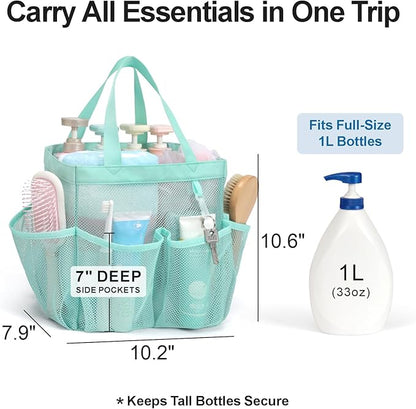 F-color Mesh Shower Caddy Portable, Upgrade Deeper 7 Pockets Shower Bag Basket Tote for College Dorm Room Toiletry Bathroom Essentials Gym Camp Quick Dry 2 handles with S Hook, Sage Green