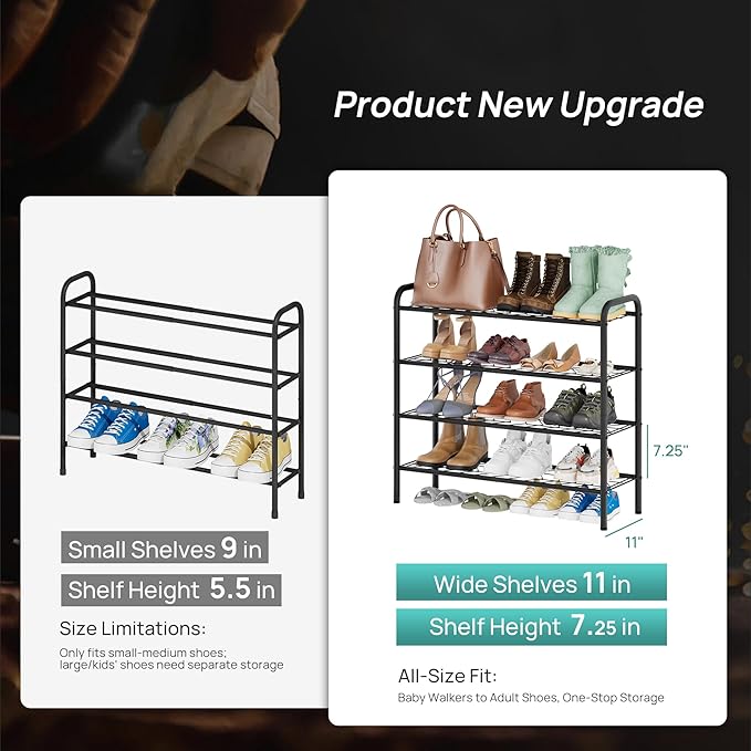 viewcare Shoe Rack for Closet, 4-Tier Long Shoe Rack for Entryway & Garage, Black Shoe Organizer Holds 12-16 Pairs, Sturdy Metal Construction