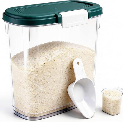 Dark Green Rice Storage Container 15-20 Lbs, Large Tall Flour Container with Lid + Scoop + Cup - Slim Dry Food Storage Bin for Cereal, Sugar, Beans, Pet Foods - Kitchen and Pantry Storage Organization