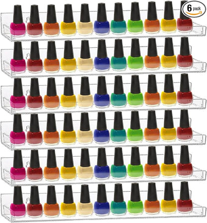6 Pack Nail Polish Rack, Wall Mounted Organizer Shelf With Removable Anti-slip End Inserts, Clear Acrylic Display Holder for 90 Bottles