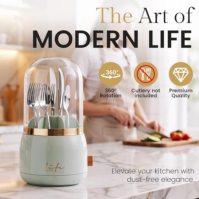 360°Utensil Holder Silverware Organizer with Lid, kitchen countertop flatware organizer and Countertop Storage,Forks, Knives and Spoons Organizer,7 Slots and Intermediate Device with Cover.（green）