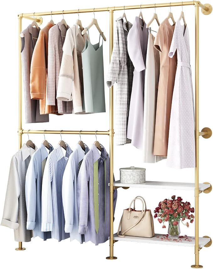 Gold Pipe Clothes Racks with White Shelves, Industrial Pipe Gold Clothing Rack with Double Hanging Rods, Heavy Duty Wall Mounted Clothing Rack Rod for Closet Storage, Bedroom