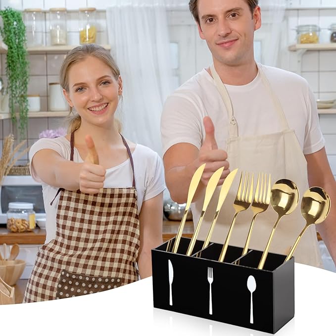 Hxezoc Black Acrylic Cutlery Storage Organizer, Plastic Silverware Caddy 3 Section Tableware Holder for Kitchen Indoor Outdoor Decoration Supplies
