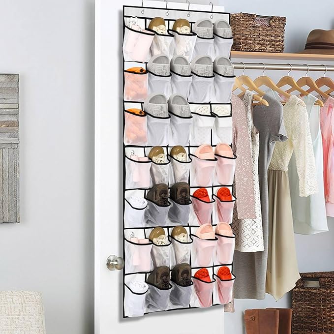 SYOWADA 35 Pocket Over the Door Shoe Organizer Hanging Large Capacity Closet Storage Entryway Organizer Hanging Bag Shoes Sneaker With 4 Metal Hooks, White