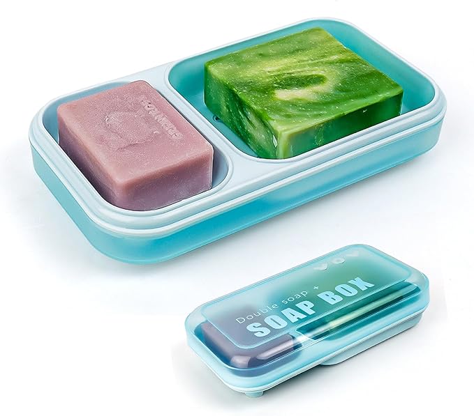 AIDIMMING Extra Large Double Slot Self Draining Soap Dish – for Bathroom Shower, Bathtub & Sink, Perfectly Fits Kitsch Shampoo Conditioner Bars and Dr. Squatch Soap Bar, Keeps Bars Dry (Light Blue)