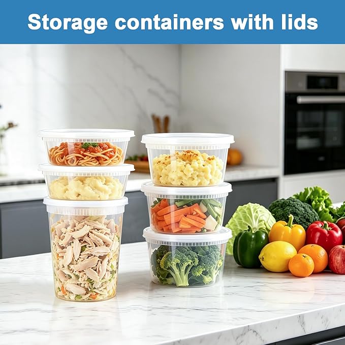 Lamosi 60 Sets Deli Containers with Lids, 8/16/32 oz Quart Containers BPA Free, Airtight Takeout Plastic Food Storage Container, Stackable Leakproof Microwave & Freezer Safe for Soup, Sauce & Leftover