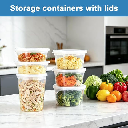 Lamosi 60 Sets Deli Containers with Lids, 8/16/32 oz Quart Containers BPA Free, Airtight Takeout Plastic Food Storage Container, Stackable Leakproof Microwave & Freezer Safe for Soup, Sauce & Leftover
