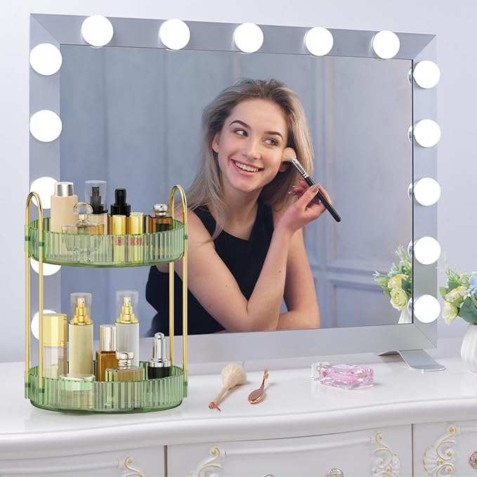 MOKANI 360 Rotating Makeup Organizer for Vanity, 2 Tier Adjustable Perfume Organizer for Dresser, Multi-Function Spinning Cosmetics Skincare Storage for Bedroom, Dresser, Countertop, Green