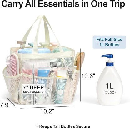 F-color Mesh Shower Caddy Portable, Upgrade Deeper 7 Pockets Shower Bag Basket Tote for College Dorm Room Toiletry Bathroom Essentials Gym Camp Quick Dry 2 handles with S Hook, Butter White