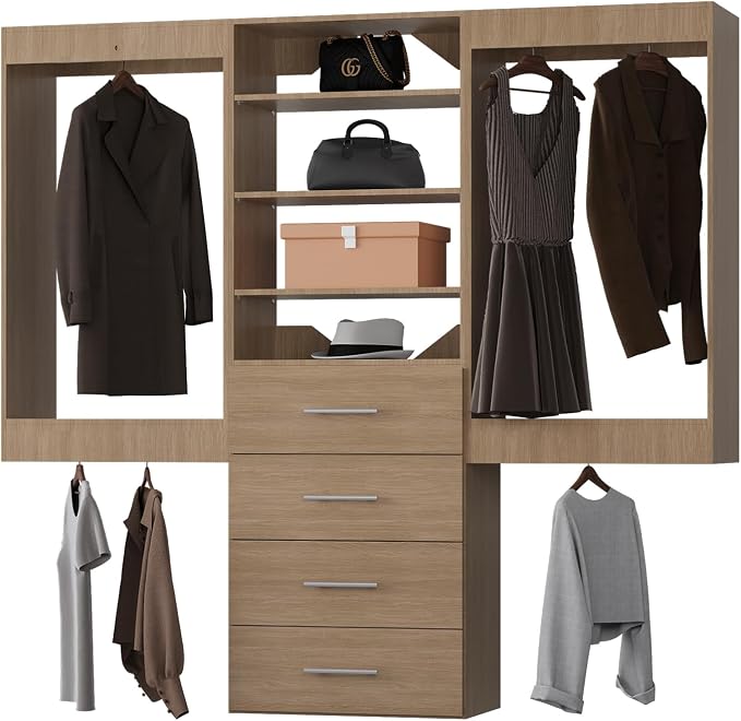 Modular Closet Organizer, 60" Wide, Hanging & Drawers, Wood Tower for Walk-In Closets, Wall-Mounted Wardrobe Organizer