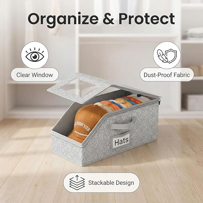 Stackable Hat Storage Organizer – 2-Pack Clear Window Cap Box, Holds 24 Baseball Caps, Snapbacks & Beanies, Grey Fabric
