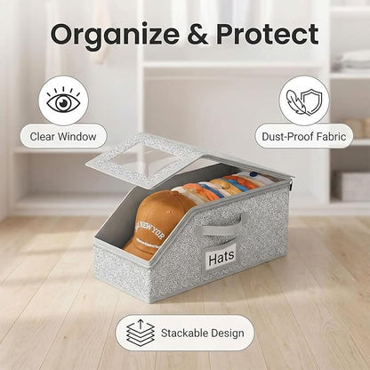 Stackable Hat Storage Organizer – 2-Pack Clear Window Cap Box, Holds 24 Baseball Caps, Snapbacks & Beanies, Grey Fabric
