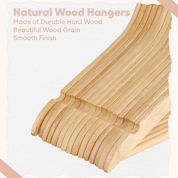 FairyHaus Wood Hangers 30 Pack, Smooth Finish Wooden Coat Suit Hangers with 360° Swivel Hook and Notches, Lightweight Natural Wood Clothes Hangers with Pants Bar