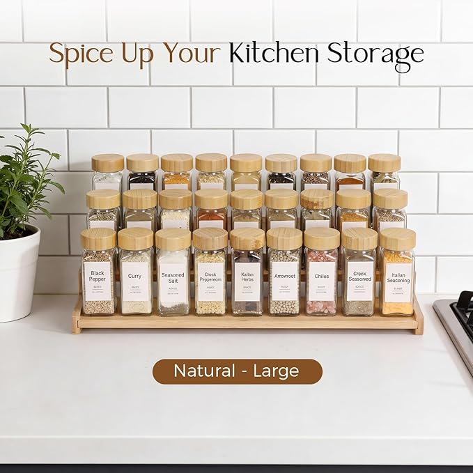 Spice Rack Organizer for Cabinet, 18in Bamboo Tiered Spice Rack，Used for Kitchen Countertops and Food Storage Room Organizer，Specially Designed for Jars and Spice Bottles(Bamboo, L)